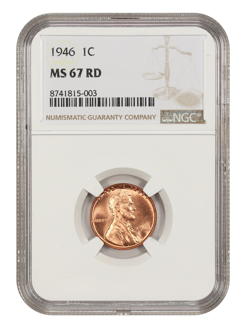Lincoln Cent (Wheat Reverse) 1946 1C NGC MS67RD: Lincoln Cent (Wheat Reverse) 1946 1C NGC MS67RD The 1946 Lincoln Cent (Wheat Reverse) is a highly detailed and well-preserved coin, graded MS67RD by the Numismatic Guaranty Corporation (NGC). This