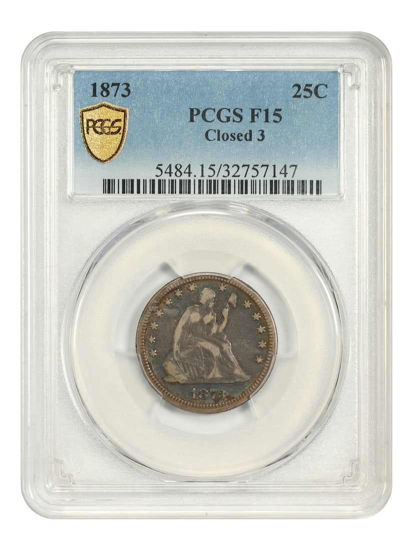 1873 25C PCGS Fine 15 (Closed 3) - Liberty Seated Quarter: 1873 25C PCGS Fine 15 (Closed 3) - Liberty Seated Quarter 1873 25C PCGS Fine 15 (Closed 3) - Liberty Seated Quarter. This circulated 1873 quarter features a Fine 15 grade from PCGS, indicating a