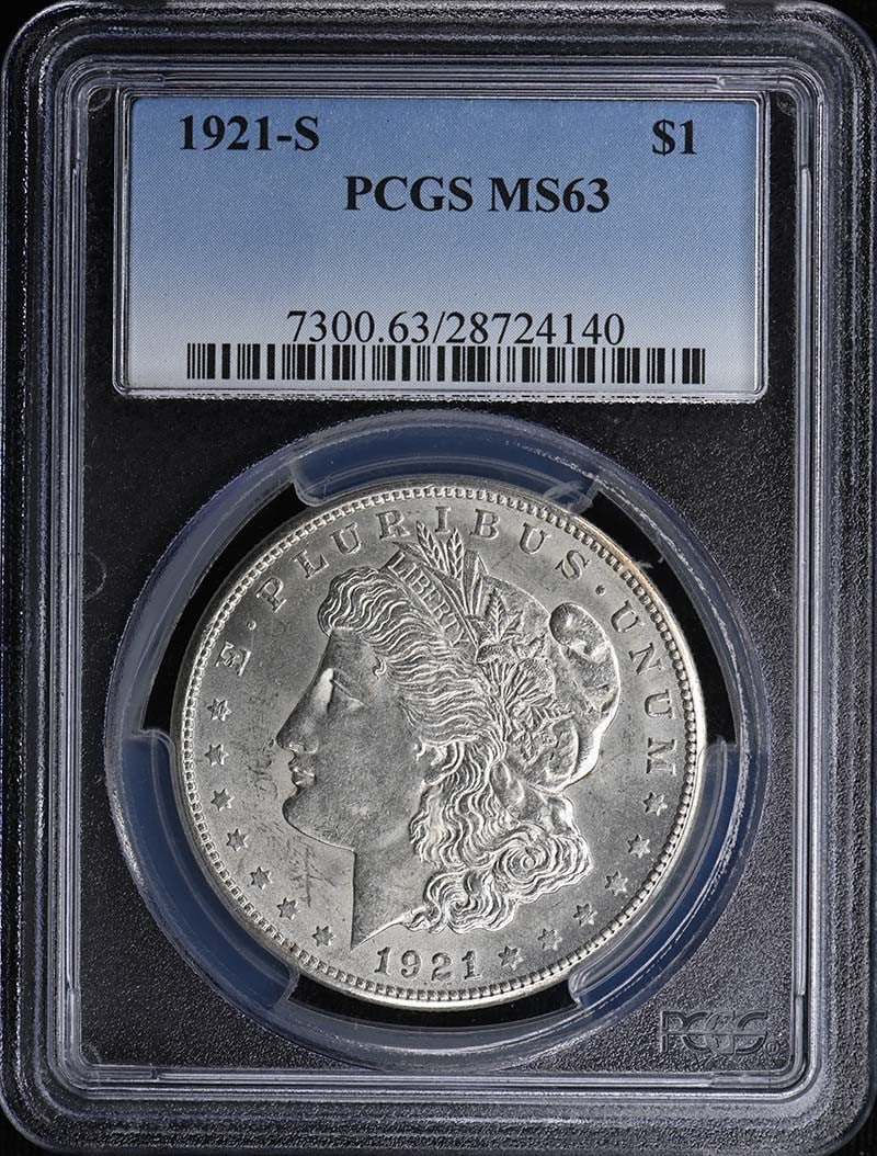1921-S $1 Morgan Dollar PCGS MS63: 1921-S $1 Morgan Dollar PCGS MS63 The 1921-S $1 Morgan Dollar is a highly detailed coin with a PCGS MS63 grade, indicating exceptional condition. Certified by the Professional Coin Grading Service, th