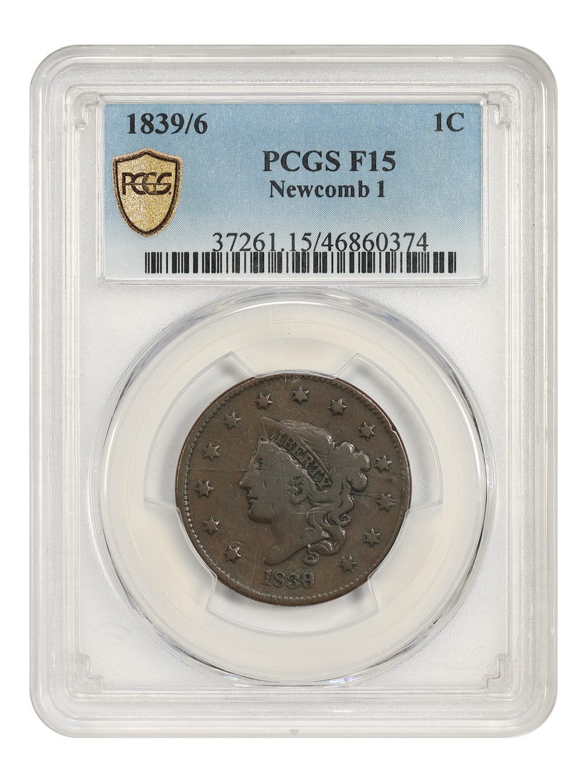 Coronet Head Cent Fine 15 6 1C PCGS 1839 Newcomb: Coronet Head Cent Fine 15 6 1C PCGS 1839 Newcomb The Coronet Head Cent Fine 15 6 1C PCGS 1839 Newcomb is a circulated 1839 penny with a distinctive appearance, bearing the signature of artist Christia