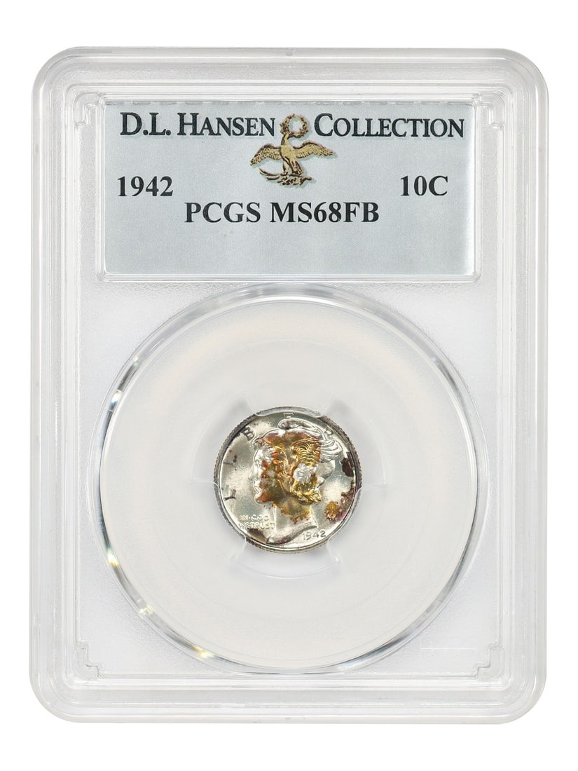 1942 10C PCGS MS68FB ex: D.L. Hansen: 1942 10C PCGS MS68FB ex: D.L. Hansen The 1942 10C is a highly graded coin, certified by PCGS as MS68FB. This exceptional specimen has been previously owned by D.L. Hansen, a renowned collector. Its im