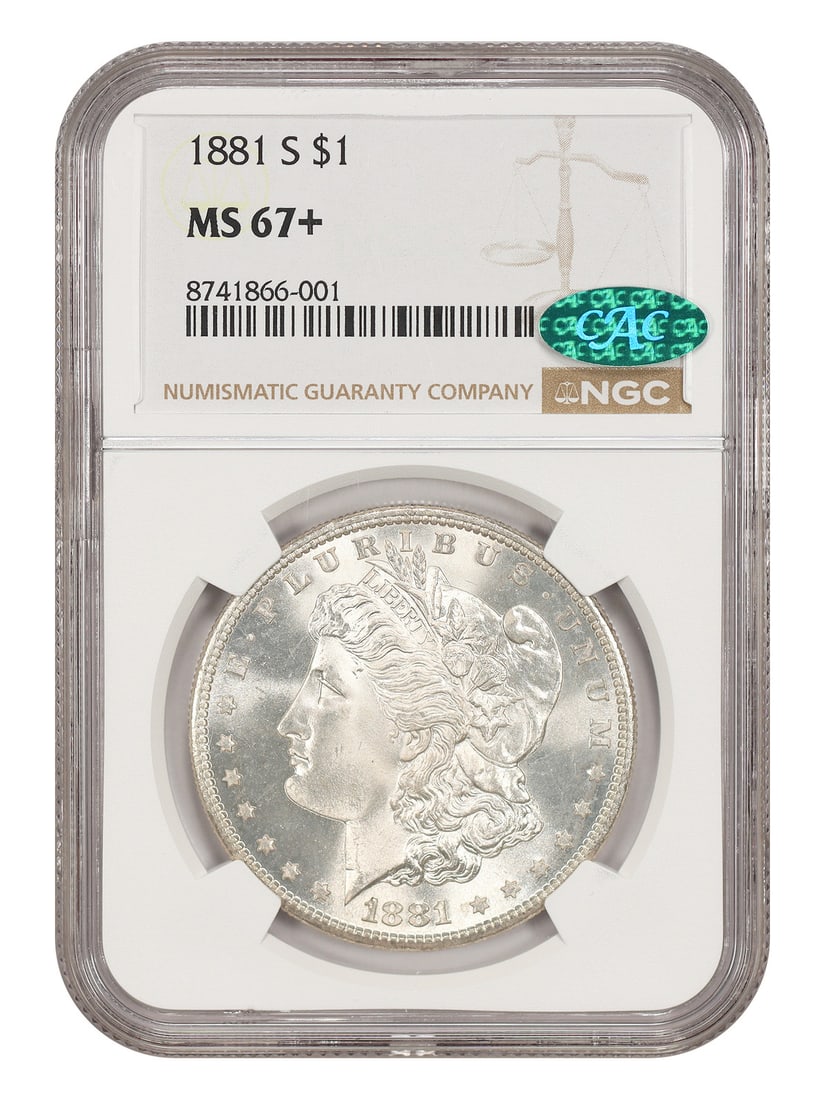 1881-S $1 NGC/ CAC MS67+ - Morgan Dollar - Popular Collector Date: 1881-S $1 NGC/ CAC MS67+ - Morgan Dollar - Popular Collector Date The 1881-S $1 Morgan Dollar is a highly sought-after collector's item, featuring a striking San Francisco mint mark and a grade of MS6
