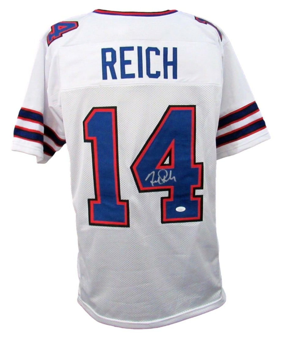 Signed Frank Reich Football Jersey Custom JSA Autographed 160011 Bills: Signed Frank Reich Football Jersey Custom JSA Autographed 160011 Bills Signed by Frank Reich, this custom Buffalo Bills jersey features a JSA authenticated autograph, making it a unique addition to an