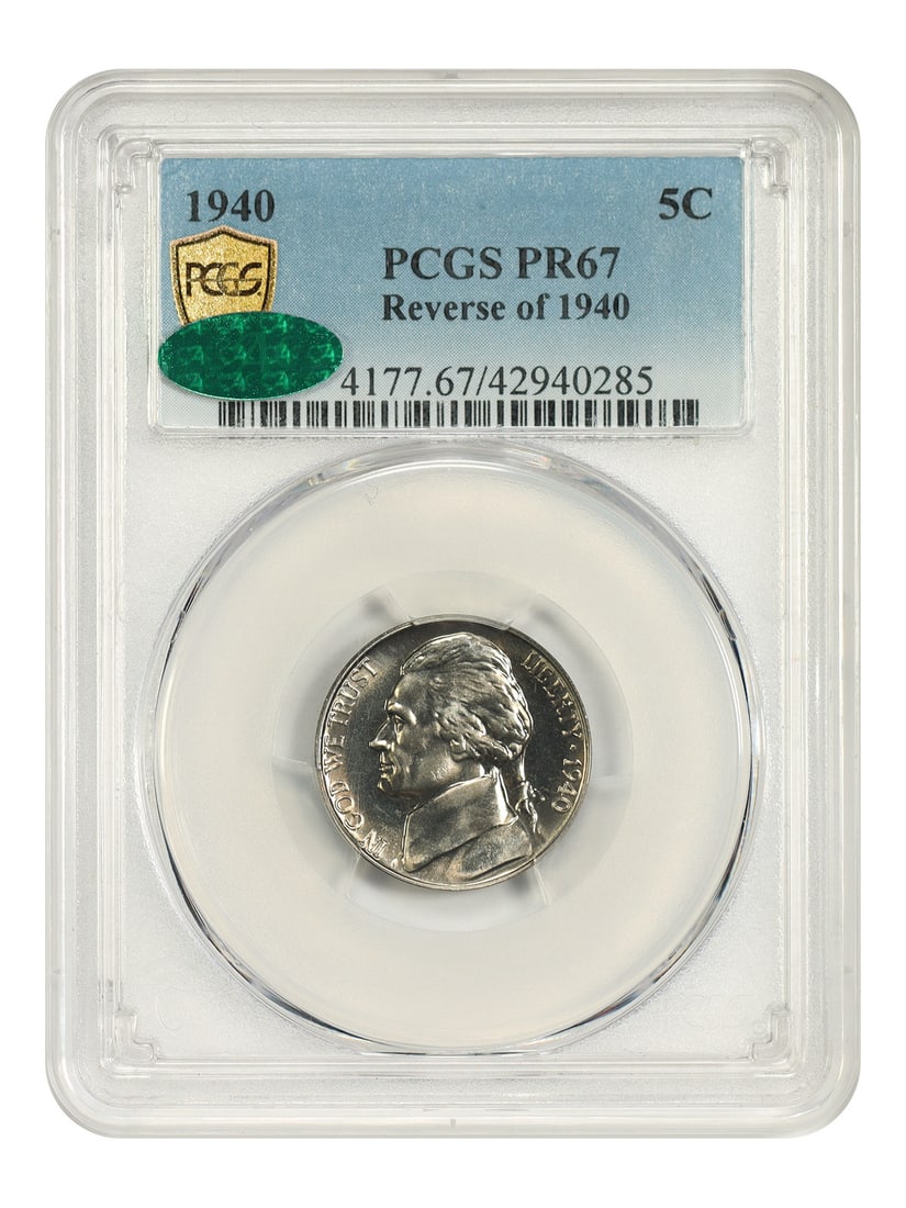 1940 5C PCGS/ CAC PR67 (Reverse of 1940) - Jefferson Nickel: 1940 5C PCGS/ CAC PR67 (Reverse of 1940) - Jefferson Nickel The 1940 5C PCGS/ CAC PR67 (Reverse of 1940) - Jefferson Nickel is a highly graded uncirculated coin, certified by the prestigious PCGS and 