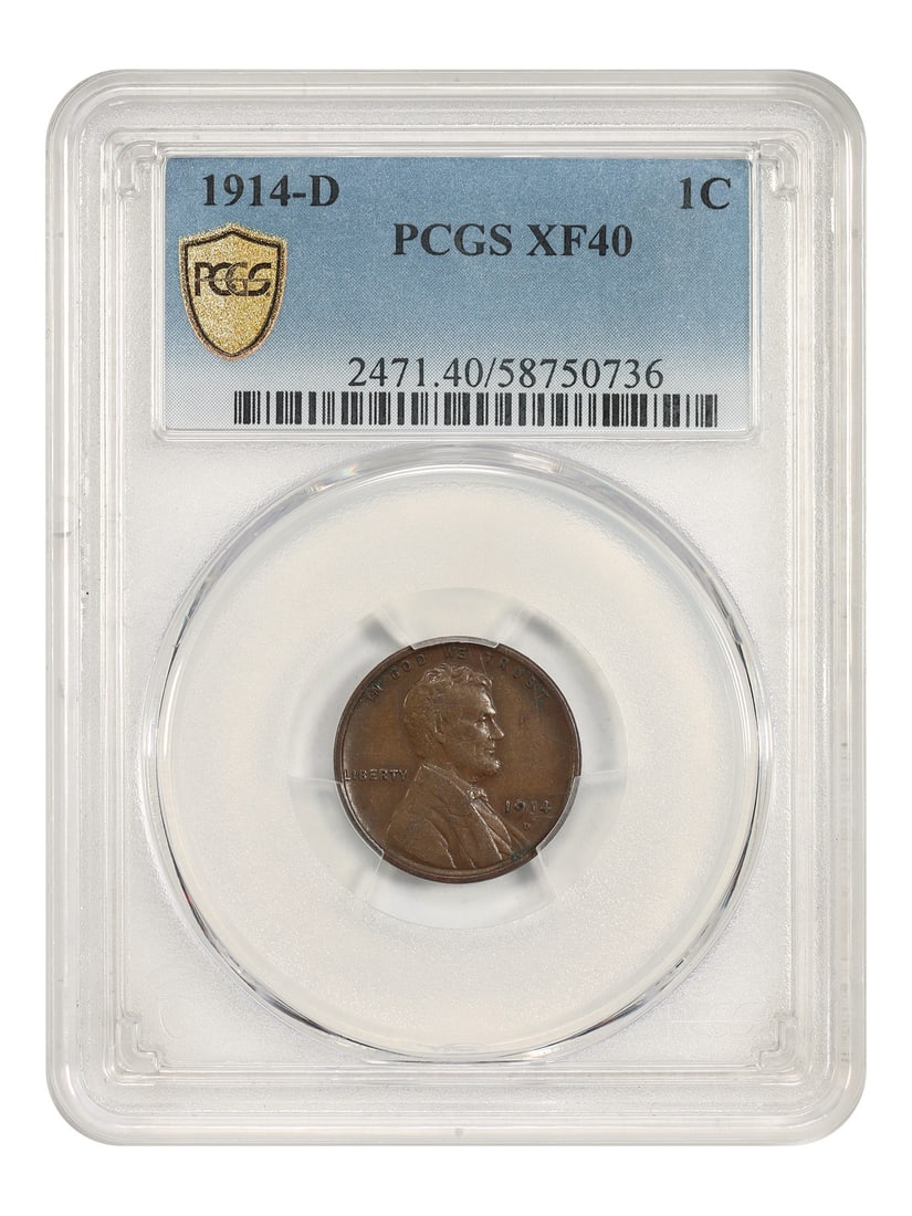 Key Date Lincoln Cent 1C Wheat Reverse 1914-D PCGS XF40: Key Date Lincoln Cent 1C Wheat Reverse 1914-D PCGS XF40 The 1914-D Lincoln Cent 1C Wheat Reverse is a highly sought-after coin, featuring a distinctive reverse design with wheat stalks. Certified by P