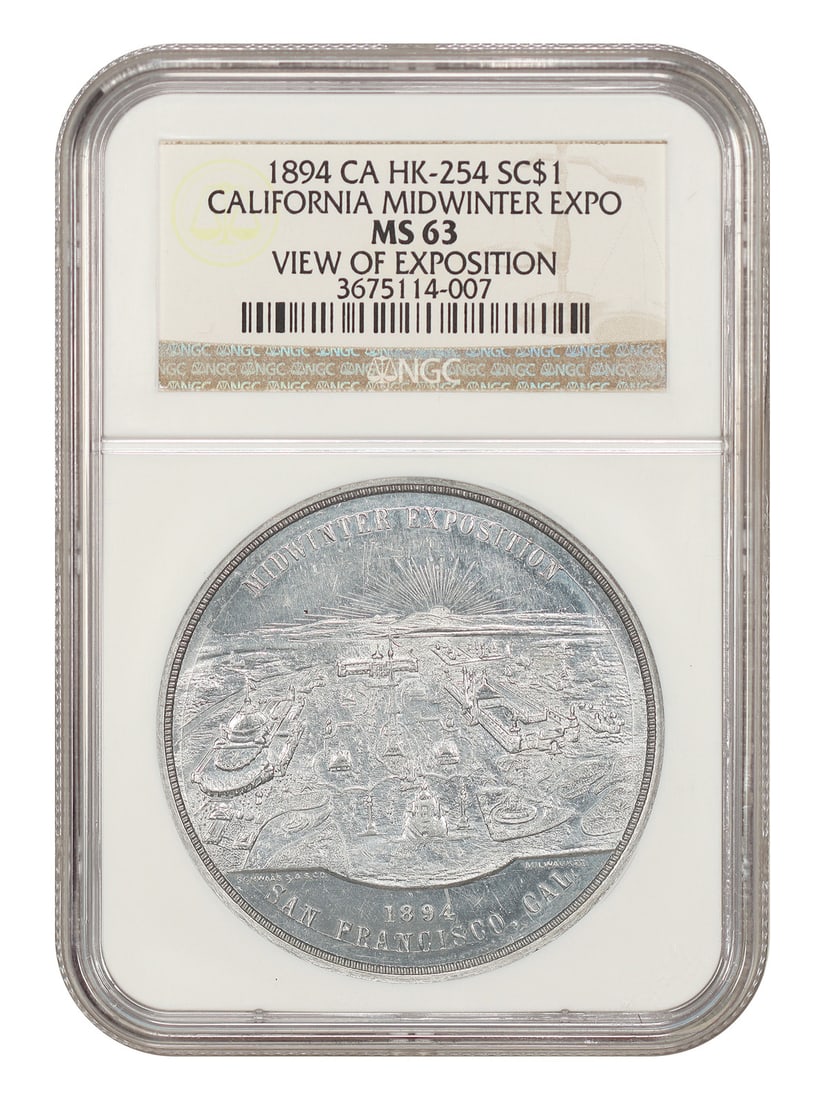 So-Called Dollar: 1894 Cali Midwinter Expo SC$1 NGC MS63 (HK-254, Aluminum, 45mm: So-Called Dollar: 1894 Cali Midwinter Expo SC$1 NGC MS63 (HK-254, Aluminum, 45mm The 1894 Cali Midwinter Expo So-Called Dollar is a highly detailed and intricately designed coin, featuring a unique al