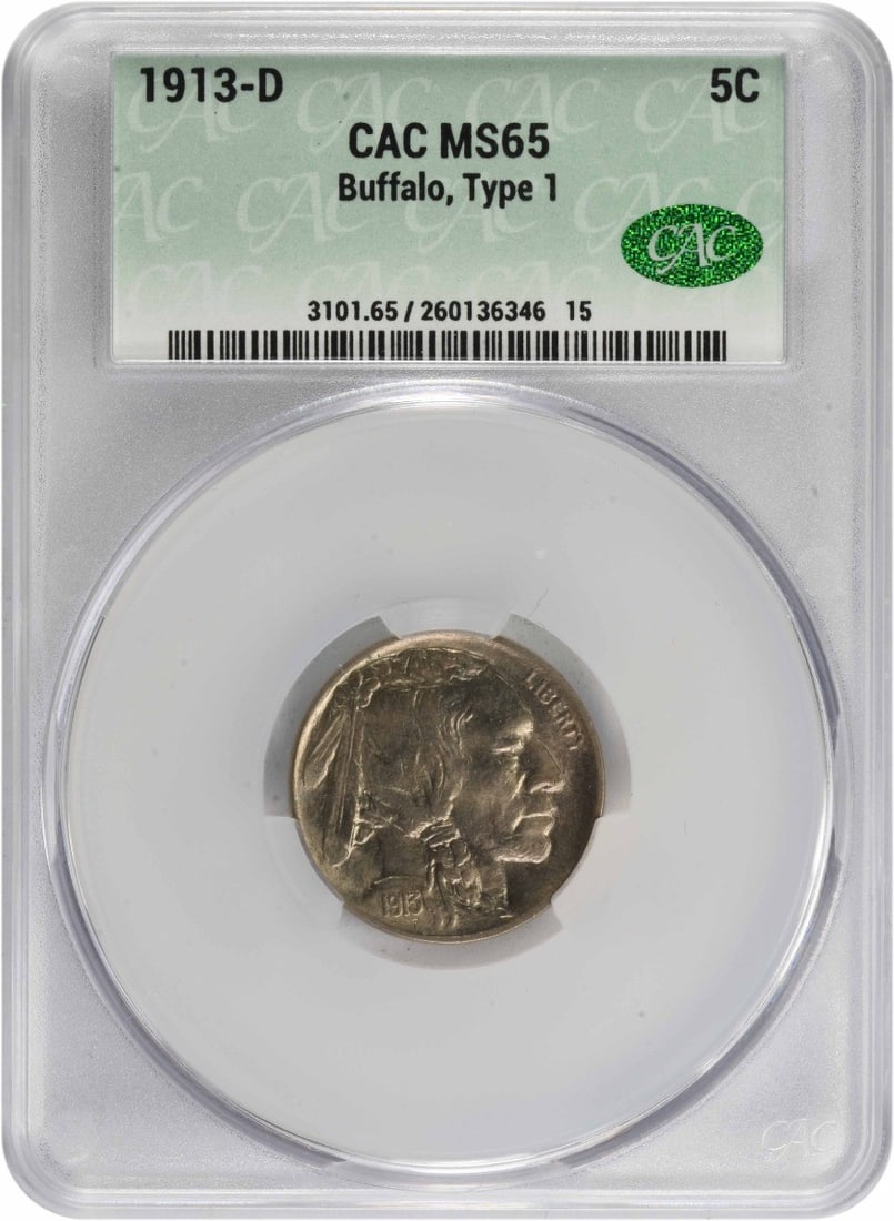 MS65 CACG 1913-D Buffalo Nickel Type 1: MS65 CACG 1913-D Buffalo Nickel Type 1 MS65 CACG 1913-D Buffalo Nickel Type 1 is a highly graded, uncirculated 1913-D Buffalo Nickel with a MS65 grade, indicating exceptional condition. This coin feat