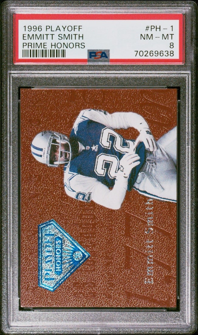 1996 PLAYOFF EMMITT SMITH #PH1 PRIME HONORS PSA 8: 1996 PLAYOFF EMMITT SMITH #PH1 PRIME HONORS PSA 8 1996 Playoff Emmitt Smith #PH1 Prime Honors PSA 8 - A Rare Gem for Football CollectorsThis 1996 Playoff Prime Honors card features Emmitt Smith, the l
