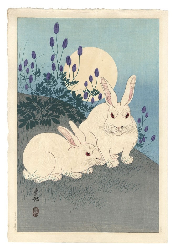 Koson Shoson Rabbits Sakai Kawaguchi Ohara Japanese Woodblock Print Moon: Koson Shoson Rabbits Sakai Kawaguchi Ohara Japanese Woodblock Print Moon Item Specifics: Artist: Ohara Koson (Shoson) Subject: Rabbits and the Moon Material: Washi Paper Style: Japanese Size: 36.2 x 2