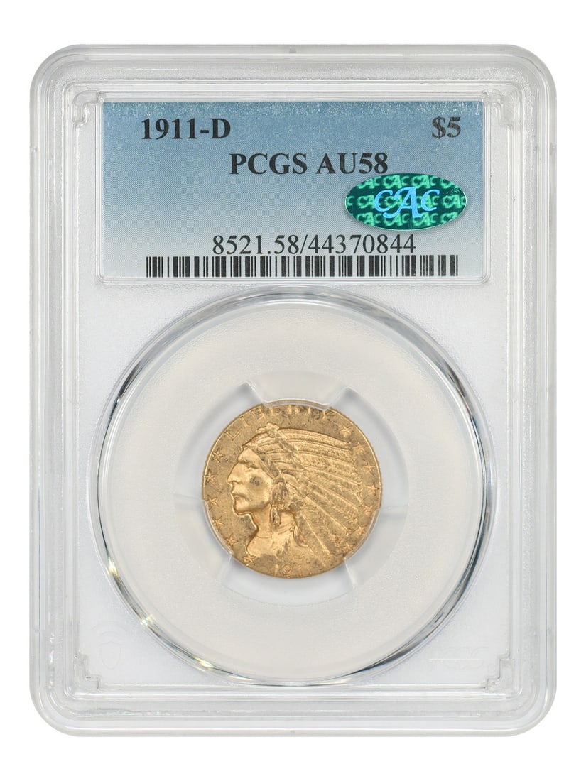 AU58 1911-D CAC PCGS $5 Indian Key Date: AU58 1911-D CAC PCGS $5 Indian Key Date The AU58 1911-D CAC PCGS $5 Indian Key Date is a circulated example of this rare denomination, bearing a certification from the Professional Coin Grading Servic