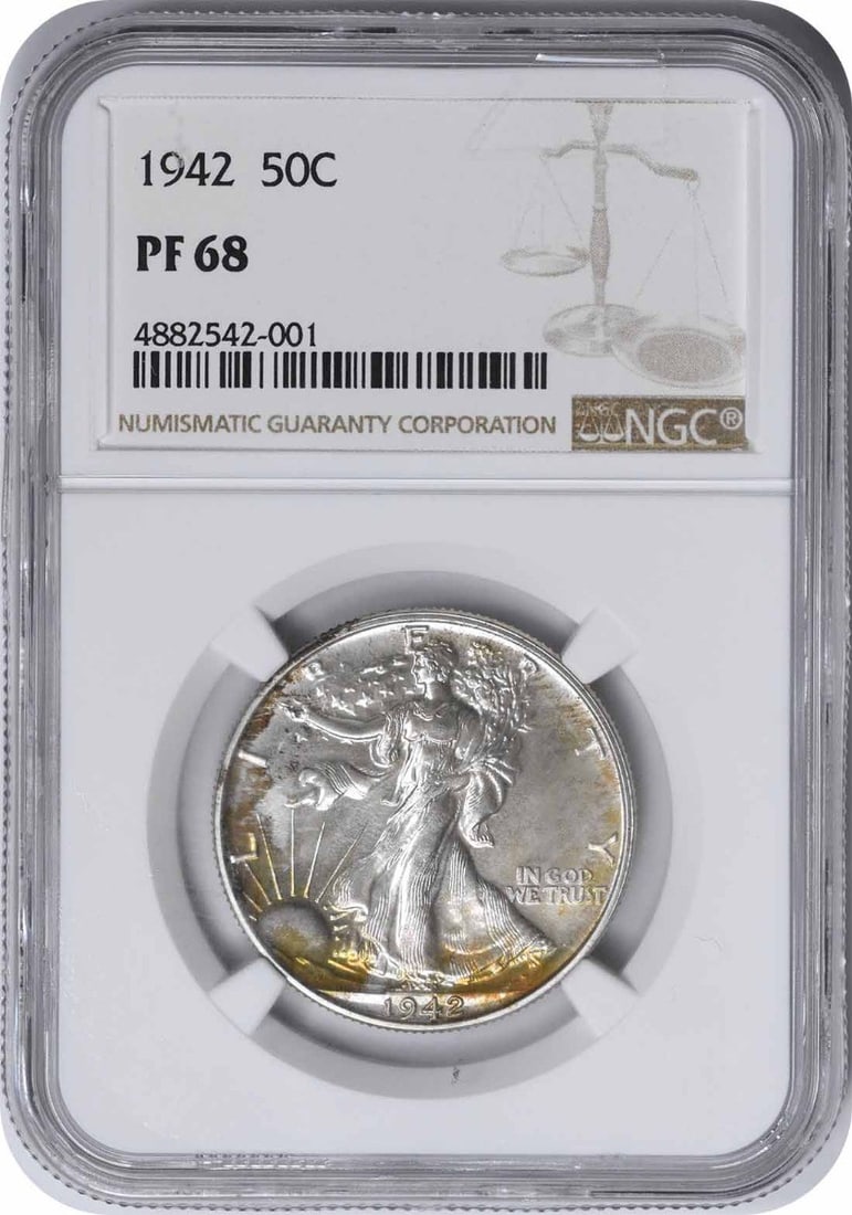 1942 Walking Liberty Silver Half Dollar PR68 NGC: 1942 Walking Liberty Silver Half Dollar PR68 NGC The 1942 Walking Liberty Silver Half Dollar is a highly detailed and intricate design, created by renowned artist Adolph Alexander Weinman. This PR68 c