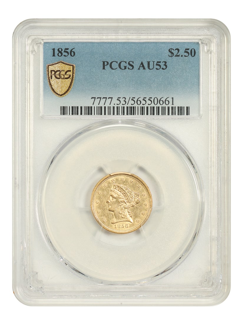 1856 $2.50 PCGS AU53 - Liberty Head $2.5: 1856 $2.50 PCGS AU53 - Liberty Head $2.5 This 1856 $2.50 Liberty Head $2.5 coin features a circulated condition with a PCGS AU53 grade, indicating a well-worn but still attractive example of this deno