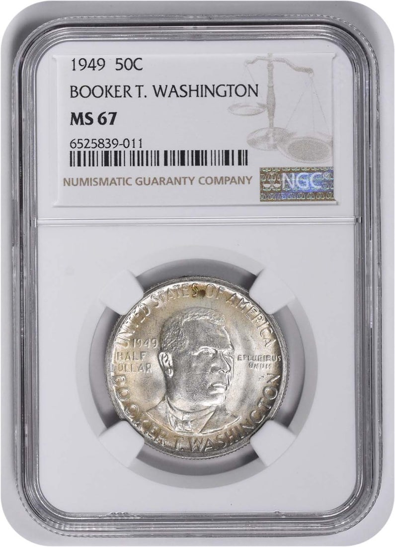 Washington (Booker T.) Commemorative Half Dollar 1949 MS67 NGC: Washington (Booker T.) Commemorative Half Dollar 1949 MS67 NGC The 1949 Washington Half Dollar, certified MS67 by the Numismatic Guaranty Corporation (NGC), boasts exceptional condition with its 90% s