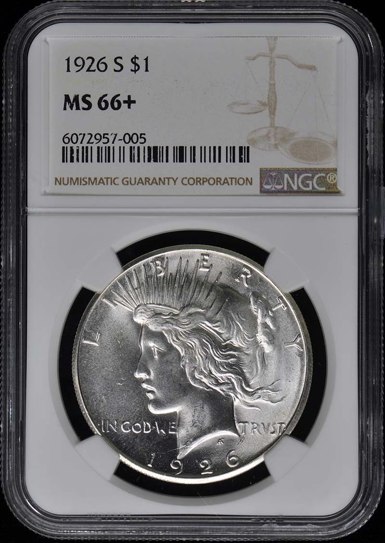 1926-S Peace Dollar S$1 NGC MS66+: 1926-S Peace Dollar S$1 NGC MS66+ The 1926-S Peace Dollar is a highly detailed and intricately designed coin, bearing the iconic image of Lady Liberty on its obverse and a depiction of a dove on the r