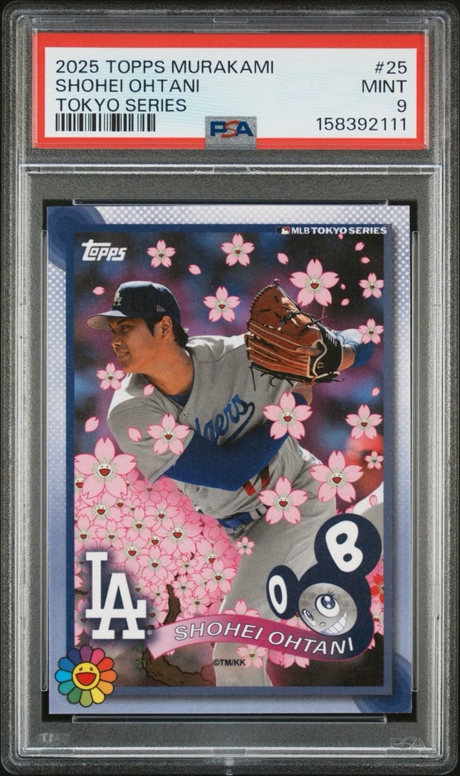 MURAKAMI OHTANI SHOHEI TOPPS SERIES TOKYO 2025 PSA 9: MURAKAMI OHTANI SHOHEI TOPPS SERIES TOKYO 2025 PSA 9 PSA 9 graded Shohei Ohtani Topps Series Tokyo 2025 card, a highly sought-after collectible featuring the talented Los Angeles Dodgers player Shohei