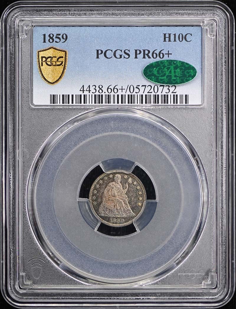 1859 H10C Liberty Seated Half Dime PCGS PR66+ CAC: 1859 H10C Liberty Seated Half Dime PCGS PR66+ CAC PCGS PR66+ CAC certified 1859 H10C Liberty Seated Half Dime, a highly detailed proof coin with striking characteristics, graded PR66+ by PCGS and furt