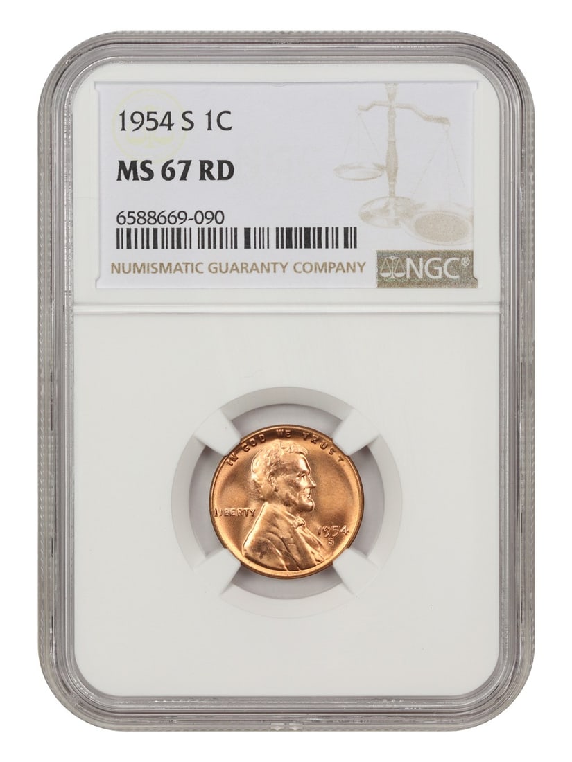 1954-S 1c NGC MS67RD - Lincoln Cent (Wheat Reverse) - Blazing Red Gem: 1954-S 1c NGC MS67RD - Lincoln Cent (Wheat Reverse) - Blazing Red Gem Blazing Red Gem: This 1954-S 1c Lincoln Cent boasts a stunning RD (red) color, a hallmark of the Wheat Reverse design. Certified b