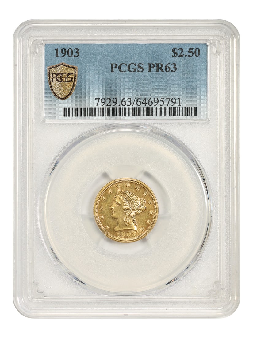 1903 $2.50 PCGS PR63 - Liberty Head $2.5: 1903 $2.50 PCGS PR63 - Liberty Head $2.5 1903 $2.50 PCGS PR63 - Liberty Head $2.5. This uncirculated $2.50 coin from 1903 features the iconic Liberty Head design, certified by PCGS with a grade of PR6