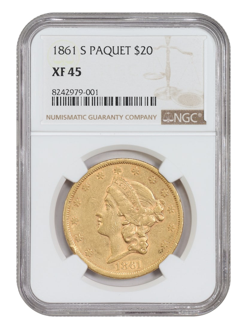 1861-S $20 Paquet NGC XF45 - Liberty Head $20 - Rare Paquet Twenty!: 1861-S $20 Paquet NGC XF45 - Liberty Head $20 - Rare Paquet Twenty! The 1861-S $20 Paquet is a rare and highly sought-after coin, featuring the Liberty Head design. Circulated in 1861, this coin has b