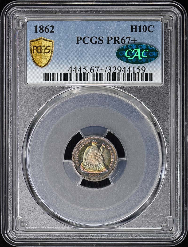 LIBERTY SEATED HALF DIME 1862 H10C PCGS PR67+: LIBERTY SEATED HALF DIME 1862 H10C PCGS PR67+ PCGS PR67+ certification, a mark of exceptional quality, is a notable feature of this 1862 Liberty Seated Half Dime. The coin's uncirculated condition and