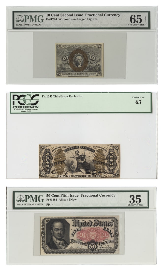 Lot of 10C-50C Fractional Currency PCGS/ PMG Choice VF35-Gem UNC65 EPQ (3 Notes): Lot of 10C-50C Fractional Currency PCGS/ PMG Choice VF35-Gem UNC65 EPQ (3 Notes) Three notes from the 10C-50C Fractional Currency series, certified by PCGS and PMG as Choice VF35-Gem UNC65 EPQ, showca