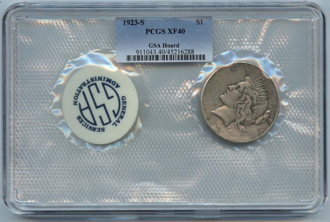 $1 Silver Dollar 1923-S Soft Pack Hoard GSA PCGS XF40: $1 Silver Dollar 1923-S Soft Pack Hoard GSA PCGS XF40 1923-S Soft Pack Hoard GSA PCGS XF40 Silver Dollar - A Rare Circulated Piece from the San Francisco Mint, Bearing the PCGS Certification Number 45