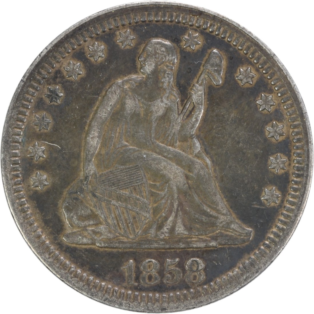 Liberty Seated Silver Quarter Choice EF Uncertified: Liberty Seated Silver Quarter Choice EF Uncertified Item Specifics: Certification: Uncertified Circulated/Uncirculated: Circulated Year: 1858 Mint Location: No Mint Mark Km Number: A64.2 Grade: EF Com