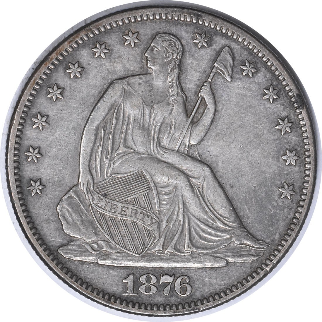 Liberty Seated Half Dollar Type 2 Reverse Uncertified Choice EF WB-42: Liberty Seated Half Dollar Type 2 Reverse Uncertified Choice EF WB-42 EF Condition Seated Liberty Half Dollar Type 2 Reverse, Minted in 1876, Features a Reeded Edge and 90% Silver Composition. This Un