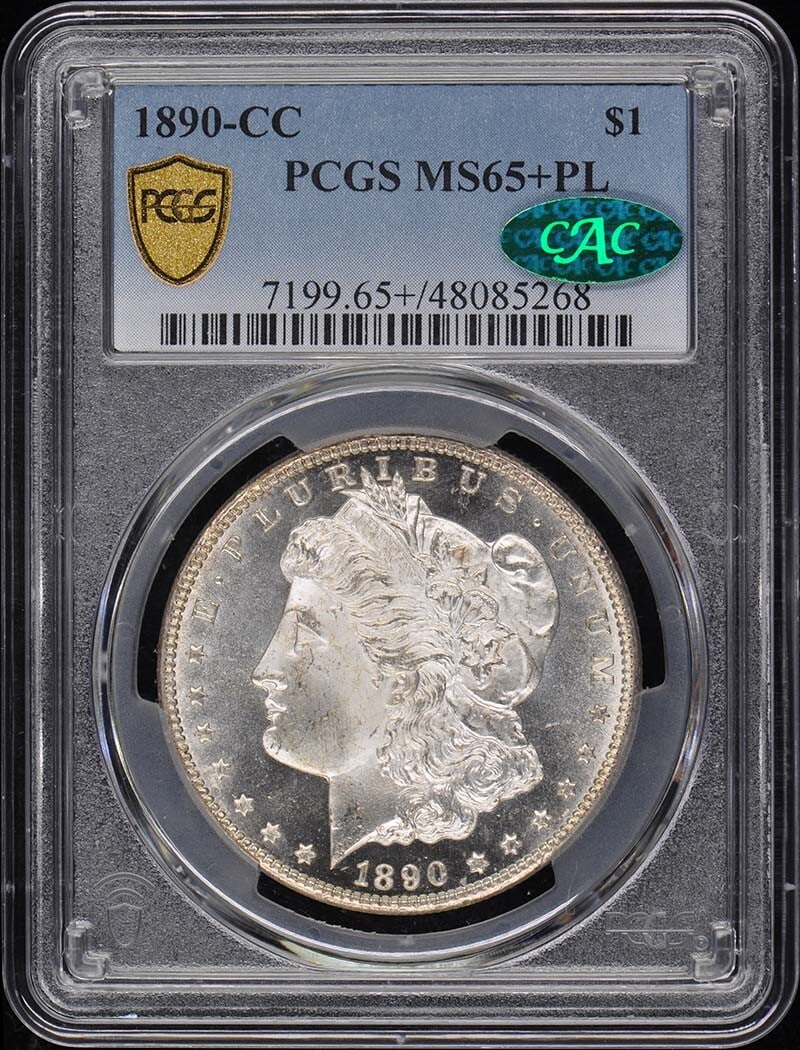 CC Morgan Dollar $1 1890 MS65+PL: CC Morgan Dollar $1 1890 MS65+PL The CC Morgan Dollar $1 1890 MS65+PL is a highly graded and certified coin, boasting a PCGS certification number and a grade of MS65+, indicating exceptional condition