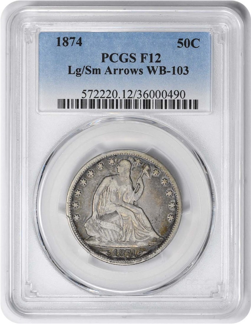 Liberty Seated Silver Half Dollar Large Small Arrows WB-103 F12 PCGS: Liberty Seated Silver Half Dollar Large Small Arrows WB-103 F12 PCGS PCGS Circulated 1874 Seated Liberty Silver Half Dollar features a reeded edge and a diameter of 30.60 millimeters, weighing 12.50 g