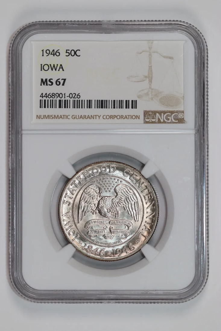 1946 IOWA COMMEMORATIVE HALF DOLLAR NGC MS67: 1946 IOWA COMMEMORATIVE HALF DOLLAR NGC MS67 1946 Iowa Commemorative Half Dollar in MS67 Condition. This NGC-certified coin features a silver composition and a high grade of MS 67, indicating excellen