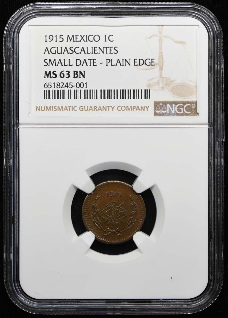 SD 1915 PE MEXICO AGUASCALIENTES KM-601 GB-2 1C NGC MS63BN: SD 1915 PE MEXICO AGUASCALIENTES KM-601 GB-2 1C NGC MS63BN The 1915 PE Mexico Aguascalientes KM-601 GB-2 1C NGC MS63BN is an uncirculated coin featuring a rich history and distinctive design. With