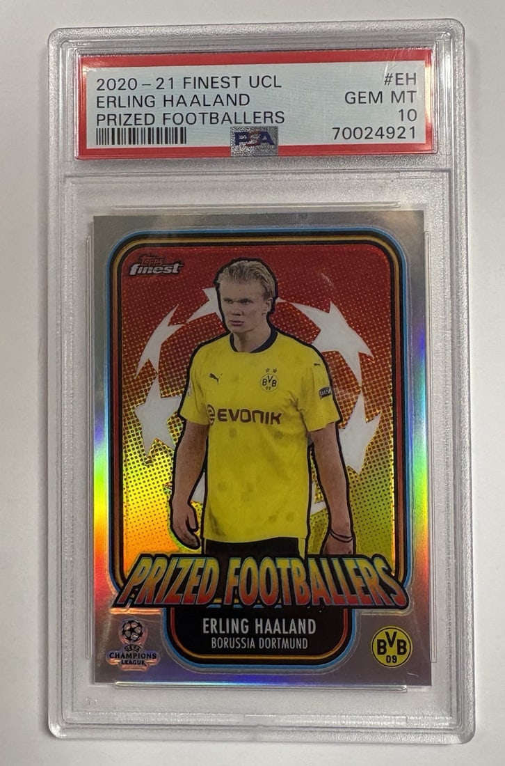 2020-21 TOPPS FINEST UCL ERLING HAALAND PRIZED FOOTBALLERS #EH PSA 10: 2020-21 TOPPS FINEST UCL ERLING HAALAND PRIZED FOOTBALLERS #EH PSA 10 PSA 10 graded, 2020-21 Topps Finest UCL Prized Footballers #EH card featuring Erling Haaland, one of the top players in the UEFA
