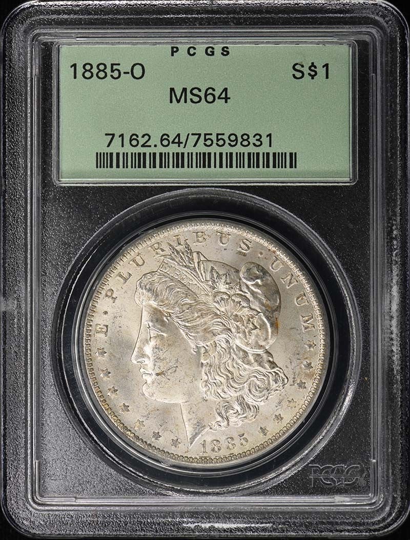 1885-O $1 Morgan Dollar PCGS MS64: 1885-O $1 Morgan Dollar PCGS MS64 The 1885-O $1 Morgan Dollar is a highly detailed and well-preserved coin, certified by PCGS as MS64. This uncirculated coin features the iconic design of Augustus