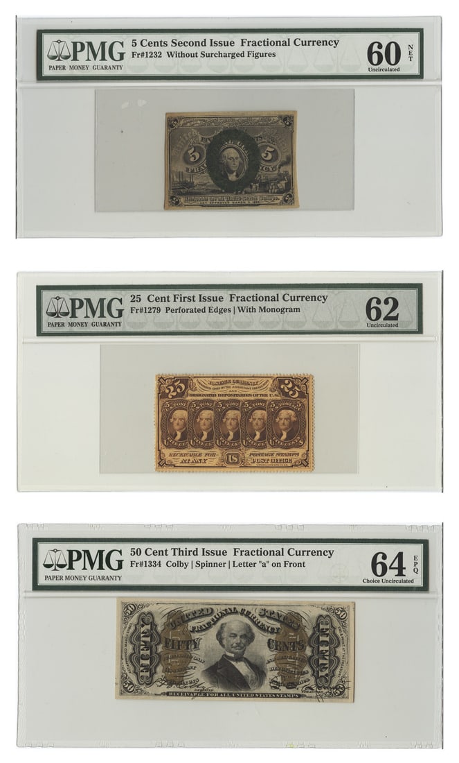 Lot of 5C-50C Fractional Currency PMG UNC Details-Choice UNC64 EPQ (3 Notes) - F: Lot of 5C-50C Fractional Currency PMG UNC Details-Choice UNC64 EPQ (3 Notes) - F 5C-50C Fractional Currency PMG UNC Details-Choice UNC64 EPQ (3 Notes) - FThis lot includes three uncirculated 5-cent,