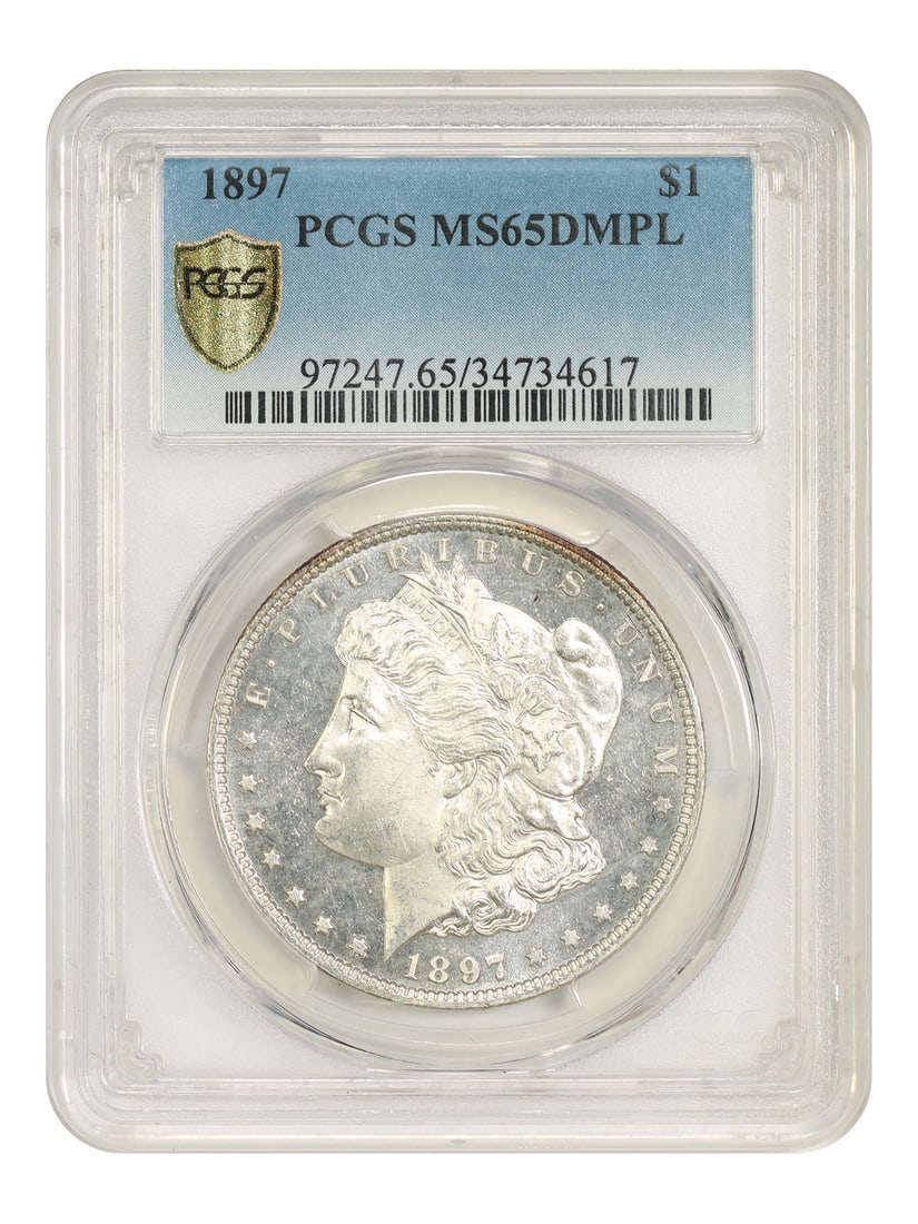 1897 $1 PCGS MS65DMPL - Morgan Dollar: 1897 $1 PCGS MS65DMPL - Morgan Dollar The 1897 Morgan Dollar, graded MS65DMPL by PCGS, boasts exceptional preservation and detail, showcasing the intricate design of Augustus Saint-Gaudens' iconic coi