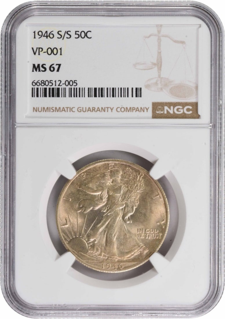 1946-S/ S Walking Liberty Silver Half Dollar VP-001 MS67 NGC: 1946-S/ S Walking Liberty Silver Half Dollar VP-001 MS67 NGC The 1946-S/ S Walking Liberty Silver Half Dollar, graded MS67 by NGC, boasts a striking design featuring Lady Liberty walking forward, symb