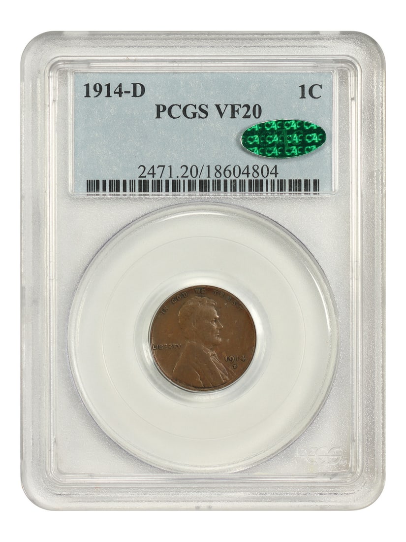 PCGS CAC VF20 Lincoln Cent 1C 1914-D Wheat Reverse Key Date: PCGS CAC VF20 Lincoln Cent 1C 1914-D Wheat Reverse Key Date The 1914-D Wheat Reverse Lincoln Cent is a circulated example with a notable key date, bearing the PCGS CAC VF20 certification. This coin fe