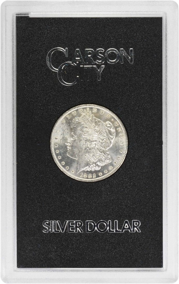 Morgan Silver Dollar Brilliant Uncirculated CC 1882 GSA Holder: Morgan Silver Dollar Brilliant Uncirculated CC 1882 GSA Holder The 1882 Morgan Silver Dollar is a stunning example of American numismatics, boasting a brilliant uncirculated finish and a rich history.