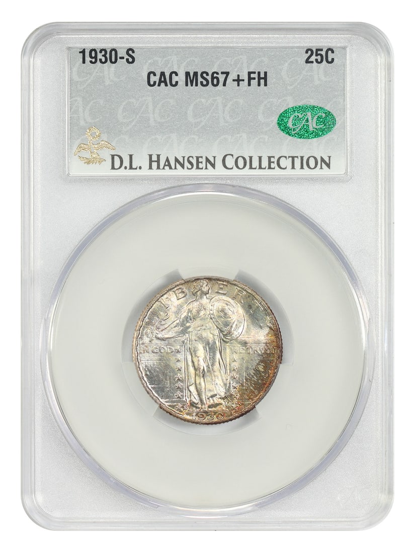 1930-S 25C CACG MS67+FH ex: D.L. Hansen - Standing Liberty Quarter: 1930-S 25C CACG MS67+FH ex: D.L. Hansen - Standing Liberty Quarter The 1930-S 25C CACG MS67+FH ex: D.L. Hansen Standing Liberty Quarter boasts a high level of detail and craftsmanship, with its San Fr