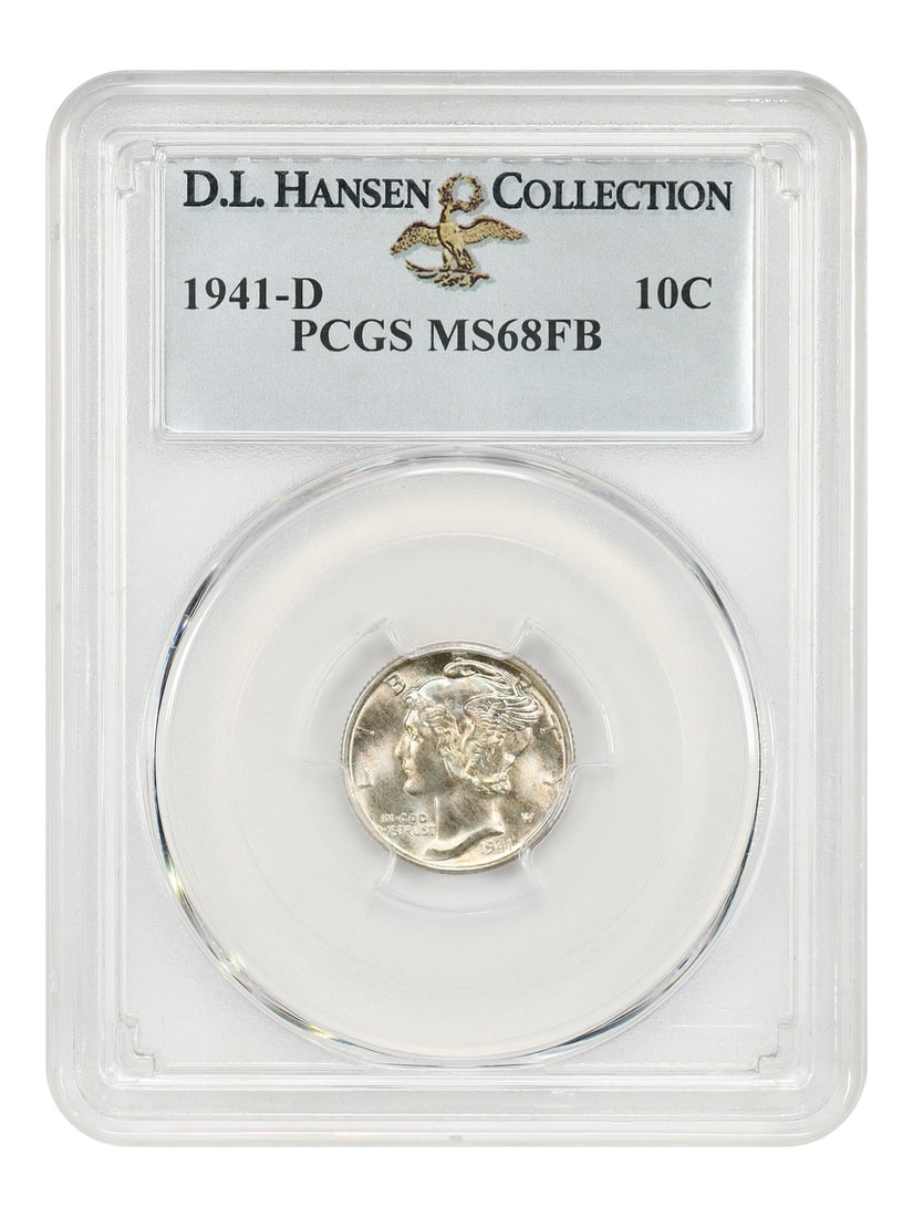 PCGS MS68FB ex D L Hansen 10C 1941 D: PCGS MS68FB ex D L Hansen 10C 1941 D The 1941 D 10C coin, graded MS68FB by PCGS, showcases exceptional condition with a high level of detail retention, a testament to its status as an uncirculated spe