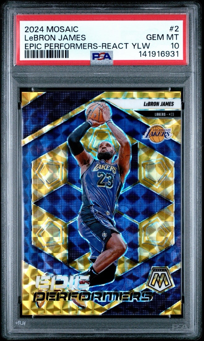 2024 PANINI MOSAIC LEBRON JAMES #2 EPIC PERFORMERS REACTIVE YELLOW/ 99 PSA 10: 2024 PANINI MOSAIC LEBRON JAMES #2 EPIC PERFORMERS REACTIVE YELLOW/ 99 PSA 10 The 2024 Panini Mosaic LeBron James #2 is a highly sought-after sports trading card, featuring a rare yellow parallel