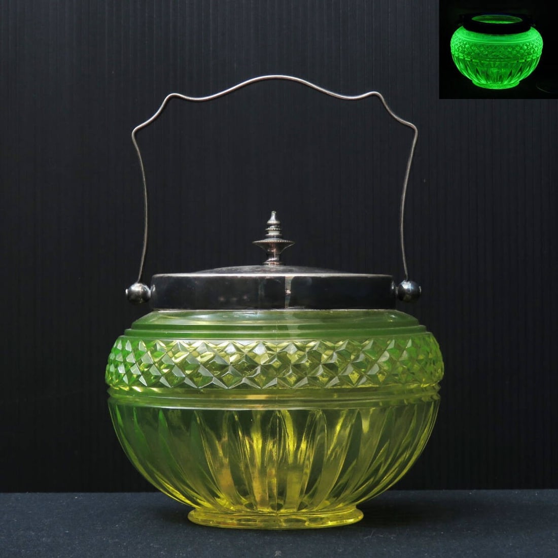 Uranium glass antique bowl with candy pot lid Rare collectible: Uranium glass antique bowl with candy pot lid Rare collectible Item Specifics: Artist: NA Signed By: NA Occasion: NA Size: NA Item Length: NA Item Height: NA Number In Pack: NA Style: NA Finish: NA
