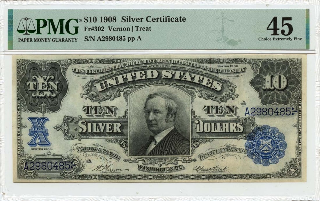 1908 $10 Silver Certificate Tombstone Fr# 302 PMG EF45: 1908 $10 Silver Certificate Tombstone Fr# 302 PMG EF45 This 1908 $10 Silver Certificate features a unique tombstone design, a notable characteristic of the Fr# 302 series. Certified by PMG as an EF45,