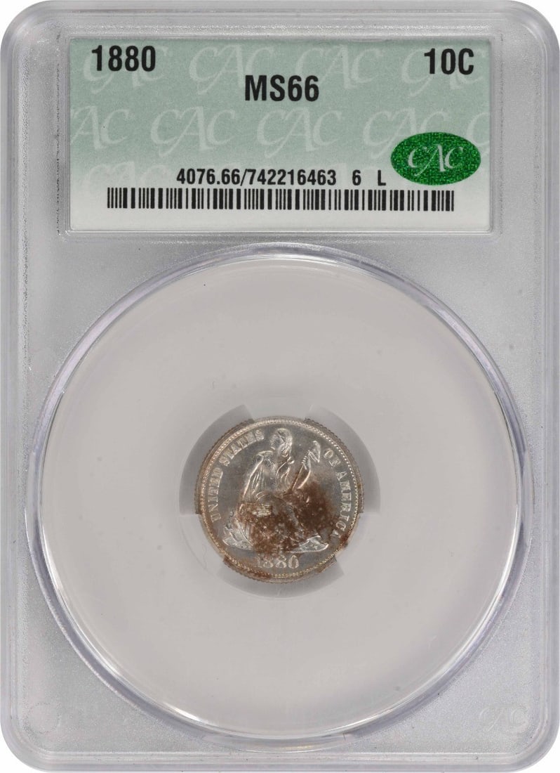 Liberty Seated Silver Dime MS66 CACG: Liberty Seated Silver Dime MS66 CACG The 1880 Liberty Seated Silver Dime is a highly detailed coin with a rich history. Certified by CACG as MS66, this uncirculated coin boasts a striking design featu