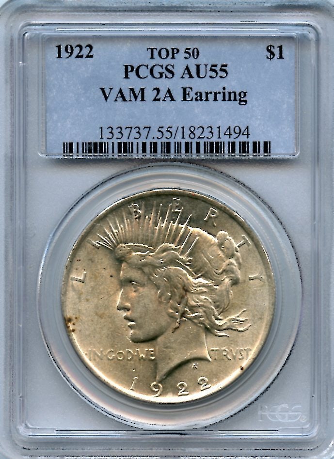 PCGS AU55 50 PEACE DOLLAR 1922 VAM-2A EARRING TOP C4671: PCGS AU55 50 PEACE DOLLAR 1922 VAM-2A EARRING TOP C4671 PCGS AU55 50 PEACE DOLLAR 1922 VAM-2A EARRING TOP C4671 features a circulated 50 Peace Dollar with a notable VAM-2A error, characterized by a di