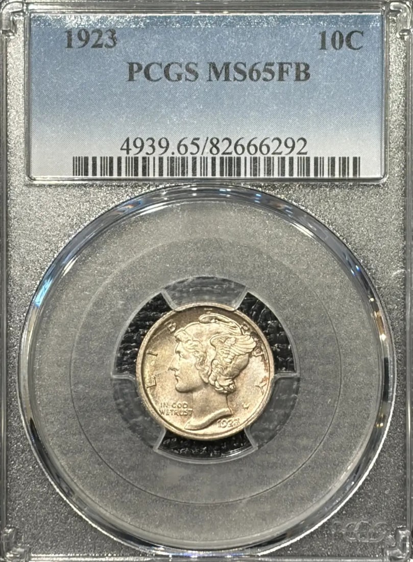 1923 MERCURY DIME PCGS MS65 FB: 1923 MERCURY DIME PCGS MS65 FB The 1923 Mercury dime is a highly graded coin, certified by PCGS as MS 65. This uncirculated coin features the iconic Mercury design and is a rare find from the Philadel