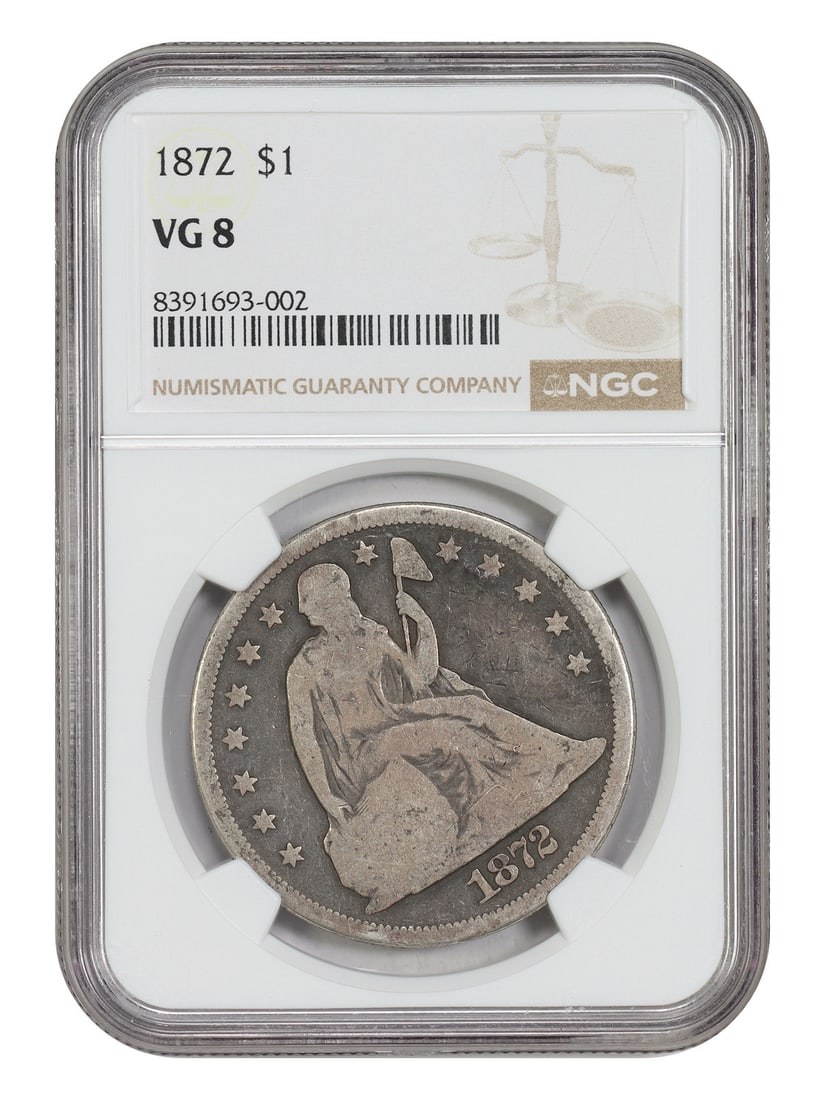 1872 $1 NGC VG08 - Liberty Seated Dollar: 1872 $1 NGC VG08 - Liberty Seated Dollar The 1872 $1 Liberty Seated Dollar is a circulated example from the Philadelphia mint, bearing the distinctive NGC certification. This coin features the iconic 