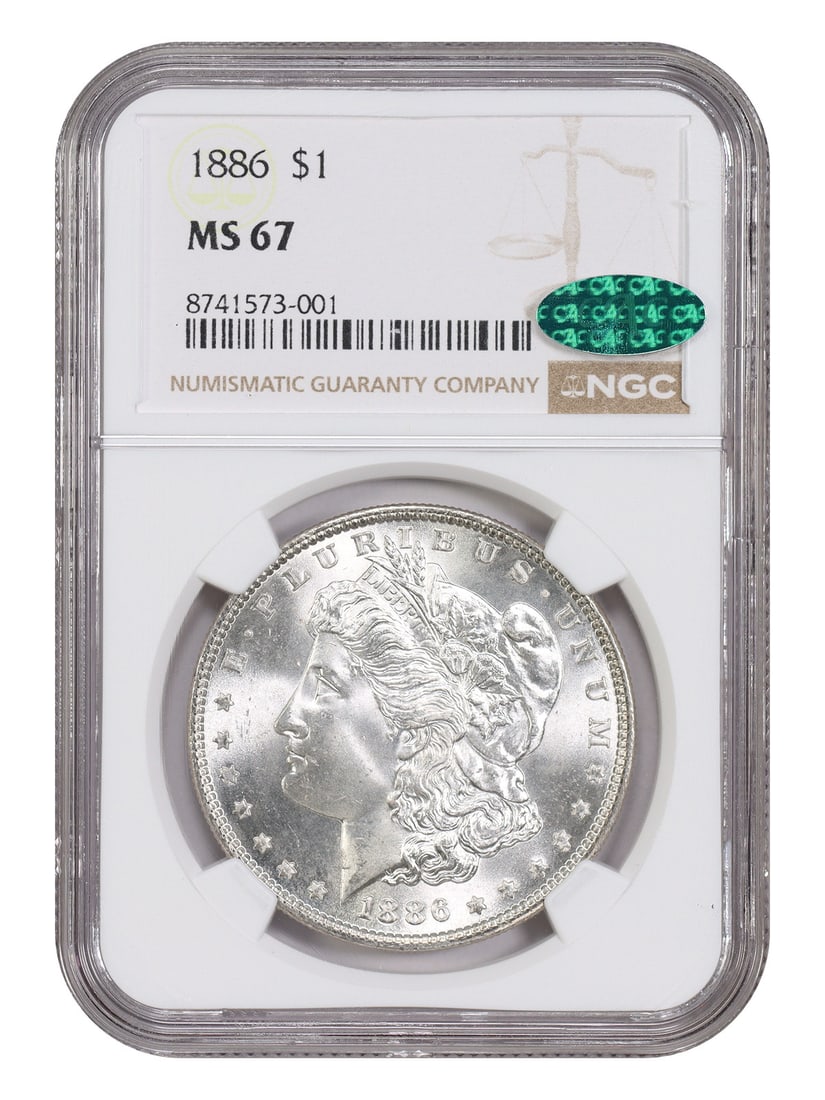 1886 $1 NGC/ CAC MS67 - Morgan Dollar - Popular Collector Date: 1886 $1 NGC/ CAC MS67 - Morgan Dollar - Popular Collector Date The 1886 $1 Morgan Dollar is a highly sought-after collector's item, certified by the Numismatic Guaranty Corporation (NGC) as MS67, a