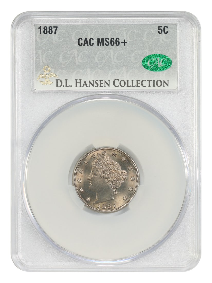 1887 5C CACG MS66+ ex: D.L. Hansen - Liberty Nickel: 1887 5C CACG MS66+ ex: D.L. Hansen - Liberty Nickel Item Specifics: Denomination: 5C Year: 1887 Mint Location: Philadelphia Circulated/Uncirculated: Uncirculated Certification: CACG Certification